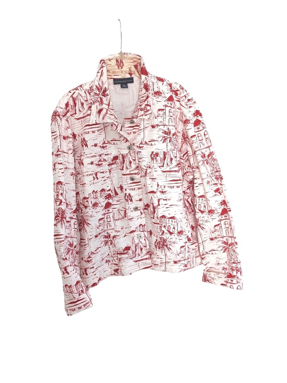 Northern Isles Toile Coastal Jacket Red White Tropical Sailboat Print XL